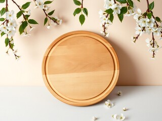 Empty wooden round pizza board with spring blossoms overhead view
