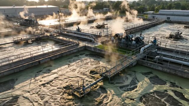 Aerial view of a wastewater treatment plant with steam and bubbling sludge