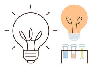 Lightbulb concept combining innovation and science, with glowing filament and colorful test tubes. Ideal for innovation, creativity, science, research, discovery, problem-solving, education themes