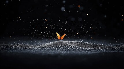 A butterfly with orange wings and black spots is flying over a field of small white flowers.