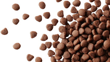 Close-up of small, dark brown, irregular-shaped kibble pieces