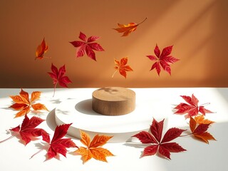 Autumn leaves arranged around a natural cork pedestal with a warm background