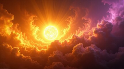 Dramatic sunset with fiery orange and purple clouds and bright sun