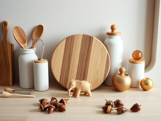 Rustic kitchen scene with wooden cutting board and ceramic jars