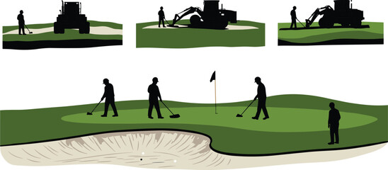 Groundskeepers maintaining golf course with machinery, workers preparing green and sand bunker, landscaping, turf care, outdoor maintenance and sports field management