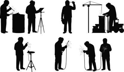 Industrial welders working with metal structures, welding sparks, safety equipment, engineering process, factory maintenance, metal fabrication, and construction industry concept