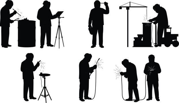 Industrial welders working with metal structures, welding sparks, safety equipment, engineering process, factory maintenance, metal fabrication, and construction industry concept