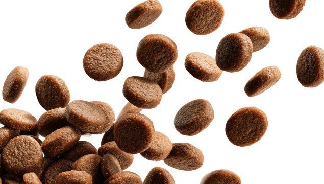 Many small, round brown pet food kibble pieces falling