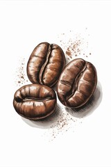 Three coffee beans arranged with artistic flair on a clean surface, inviting a warm beverage