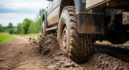 Mudding on dirt road depicts off-road vehicle tire in thick terrain. Mudding with transport conveys adventure and freedom.