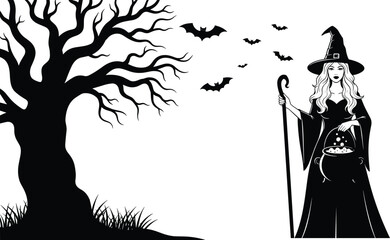 Mystical Halloween witch with cauldron, bats flying, spooky tree silhouette, fantasy dark forest magical scene perfect for Halloween decoration and design