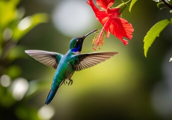 Fototapeta premium A vibrant hummingbird feeding on a bright red hibiscus flower in a lush green natural setting