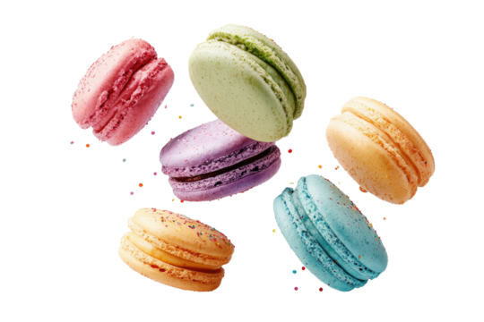 Six colorful meringue sandwich cookies with cream filling