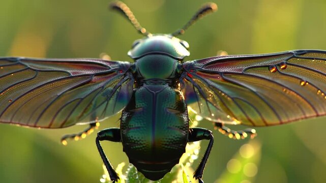 A vibrant, iridescent beetle showcases its wings with delicate veins and shimmering details