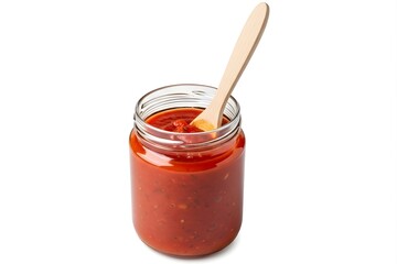Glass jar filled tameto such with red sauce and wooden spoon