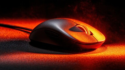 A black and orange computer mouse with a glowing orange button sits on a black surface.