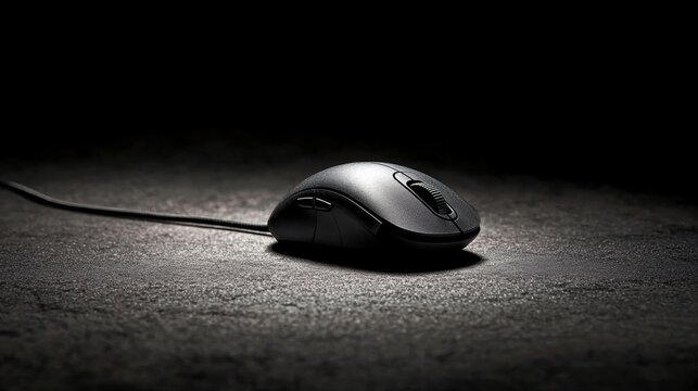 A black computer mouse with a scroll wheel and speaker sits on a dark gray surface.
