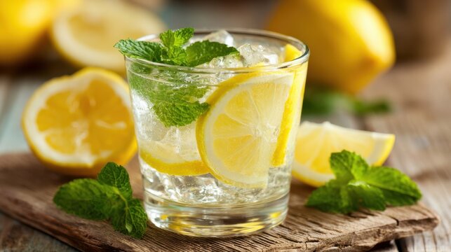 A glass filled with ice lemonade and fresh lemon slices sits on a rustic wooden table. Mint leaves add a touch of green enhancing the refreshing summer drink.