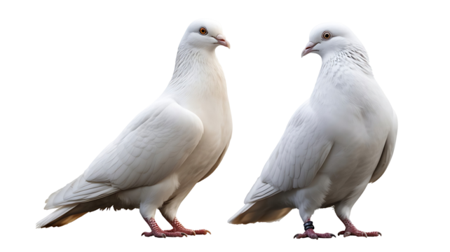 Two white doves standing side by side isolated on transparent background