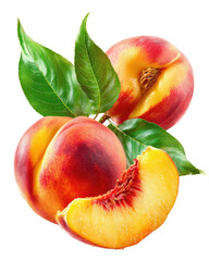 Ripe fuzzy stone fruit with vibrant colors, leaves, and slice