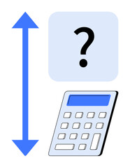 Calculator beneath upward-downward arrow and question mark square represents height, measurement, and calculation. Ideal for mathematics, education, tools, problem-solving, analytics, logic simple