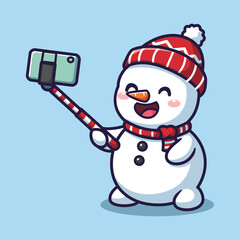 Cute Vector Illustration of a Smiling Snowman Taking Selfie with Candy Cane Stick on Light Blue Background