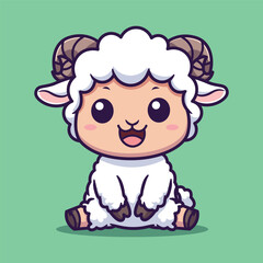 Cute Vector Illustration of a Cheerful Baby Goat with Spiral Horns and Pink Cheeks Sitting on Green Background