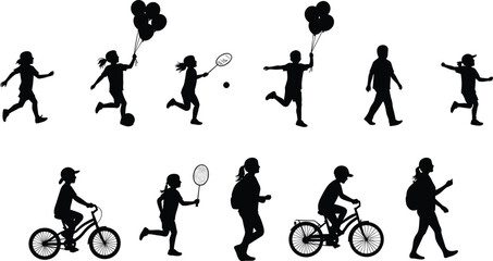 Silhouette of children playing, running, cycling, and holding balloons, active kids outdoor activities illustration, childhood fun and recreation concept design