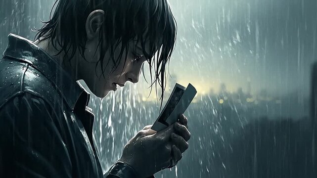 Amidst a city's blur and the pouring rain, a solitary figure gazes at their screen, wrestling with a profound heart break and the quiet ache of a shattered connection