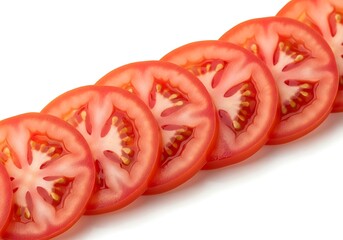 Freshly sliced red tomatoes in a diagonal row