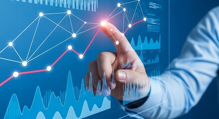 Business man pointing at financial data visualization on a digital screen