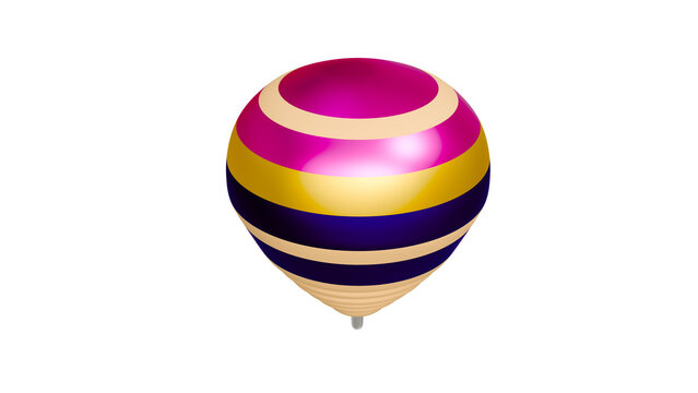 Colorful traditional wooden spinning top toy with glossy stripes on white background