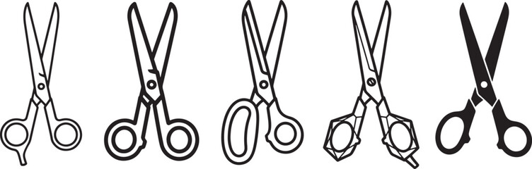 Collection of diverse hand shears, open and closed, in outline and solid black icon styles, representing cutting tools, craft, and precision Vector