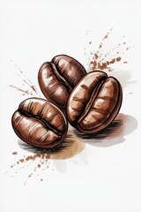 Watercolor style illustration of three coffee beans with brown splashes on a white surface