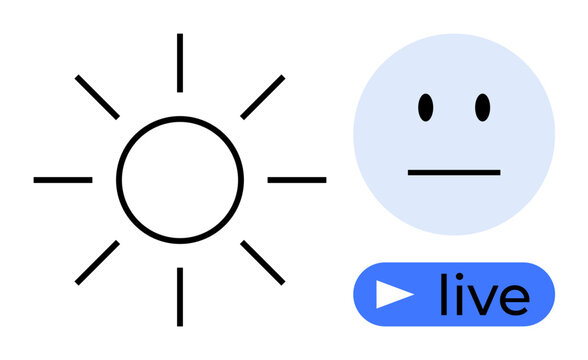 Sun with radiating rays, neutral face emotion, and live streaming button. Ideal for expression, communication, broadcasting, minimalism, social interaction, technology simple flat metaphor