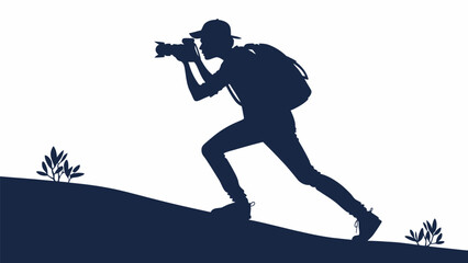 Fototapeta premium Adventurous photographer hiking, capturing nature's beauty in silhouette style