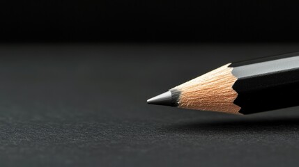 A black pencil with a sharpened tip rests on a black surface.