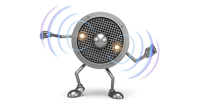 Cartoon speaker character with sound waves on white background