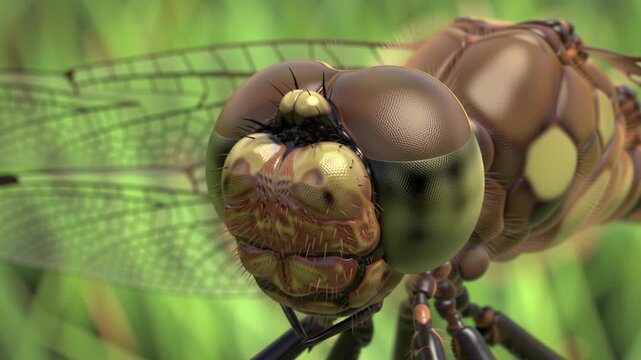 A detailed macro shot of a dragonfly head, showcasing its complex eyes and textured surfaces