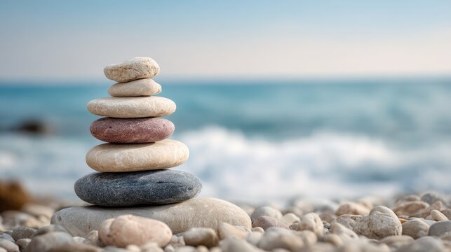 Smooth pebbles are carefully balanced in a neat stack on a sandy beach. Gentle ocean waves lap at the shore under a clear blue sky creating a calm atmosphere.