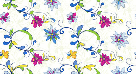 Fototapeta premium Seamless floral pattern with colorful stylized flowers and swirling green and blue vines on a light decorative background.