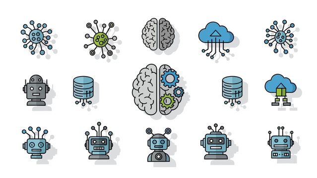 Modern technology icons showing AI, robotics, cloud computing, machine learning, and data storage concepts for innovative business applications