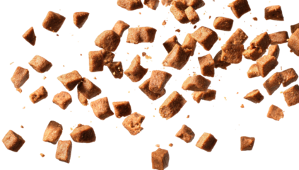Small, brown, square-shaped kibbles are scattered across a black background