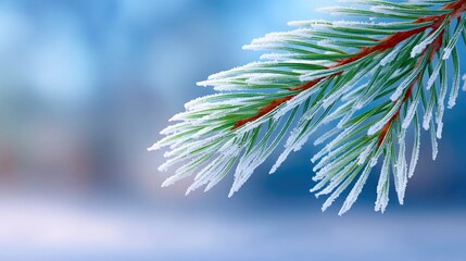 A close-up of a pine branch with green needles coated in white frost, set against a soft, blurred blue background suggesting a cold winter day.