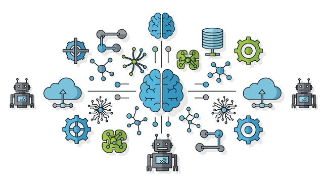 Explore the future of AI with this modern tech illustration, perfect for innovative marketing campaigns and cutting-edge technology presentations or websites