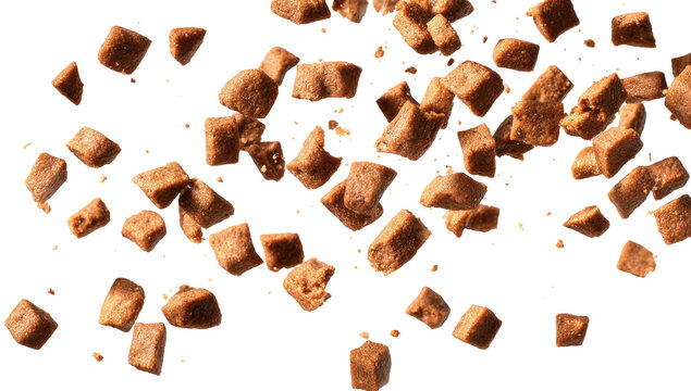 Small, brown, square-shaped kibbles are scattered across a black background