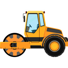 Yellow Road Roller Compactor Machine Vehicle Illustration With Black Wheels and Cabin on Transparent Background