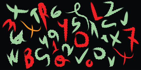 Abstract colorful hand drawn alphabet and number
