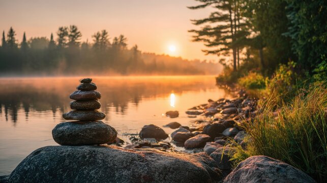 As the sun rises soft light reflects on the still lake highlighting a stack of stones by the water's edge surrounded by tall trees and fog.