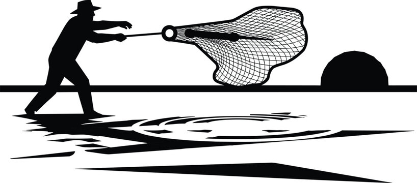 Silhouette of fisherman casting a large net over water, capturing motion, ripples, and traditional fishing activity in a detailed black and white vector illustration